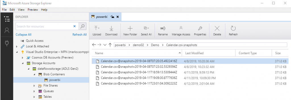 Power BI Dataflow -esimerkkidemon snapshotteja